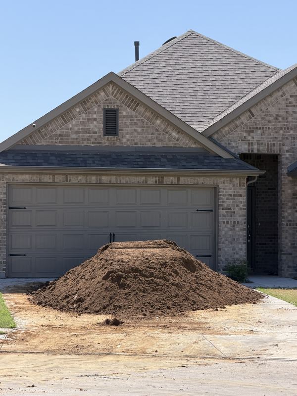 Topsoil pile in front of a new home's garage